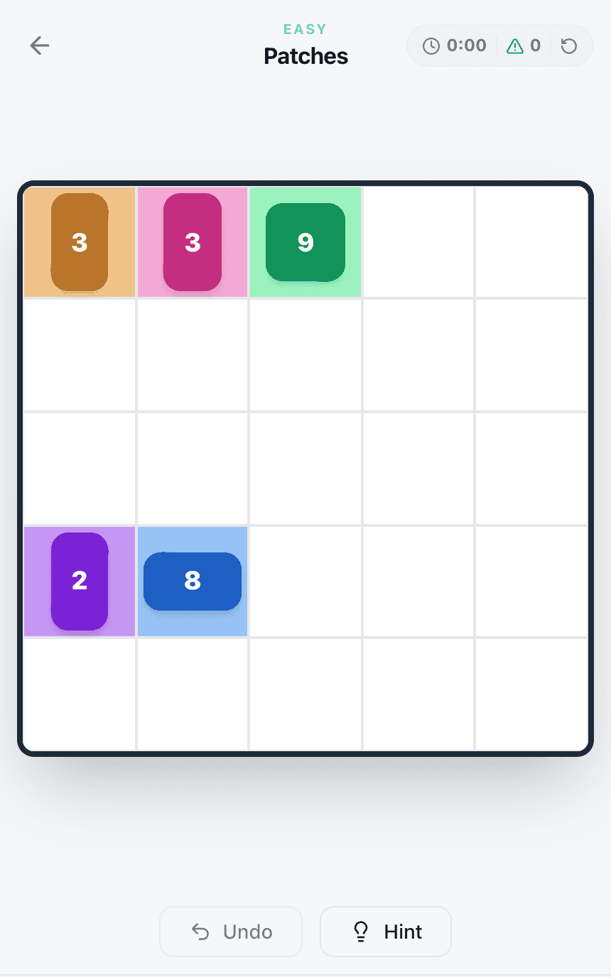 A 5×5 Patches board at the start with five numbered clues: 3, 3 and 9 along the top row, and 2 and 8 in the fourth row.