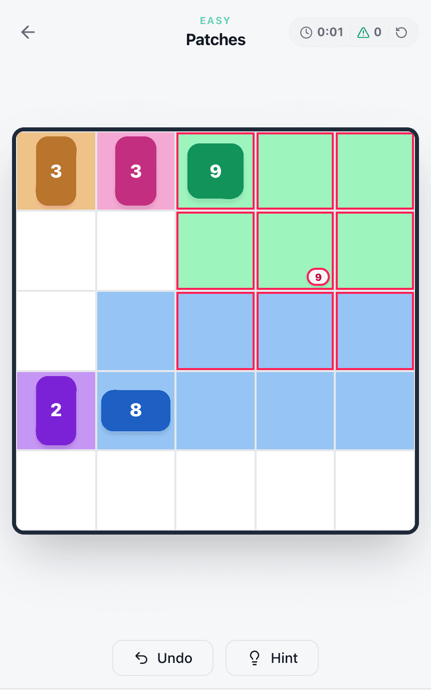 A Patches board where the 8 rectangle was drawn one row too high, so the 3×3 square for the 9 overlaps it and its outline has turned red.