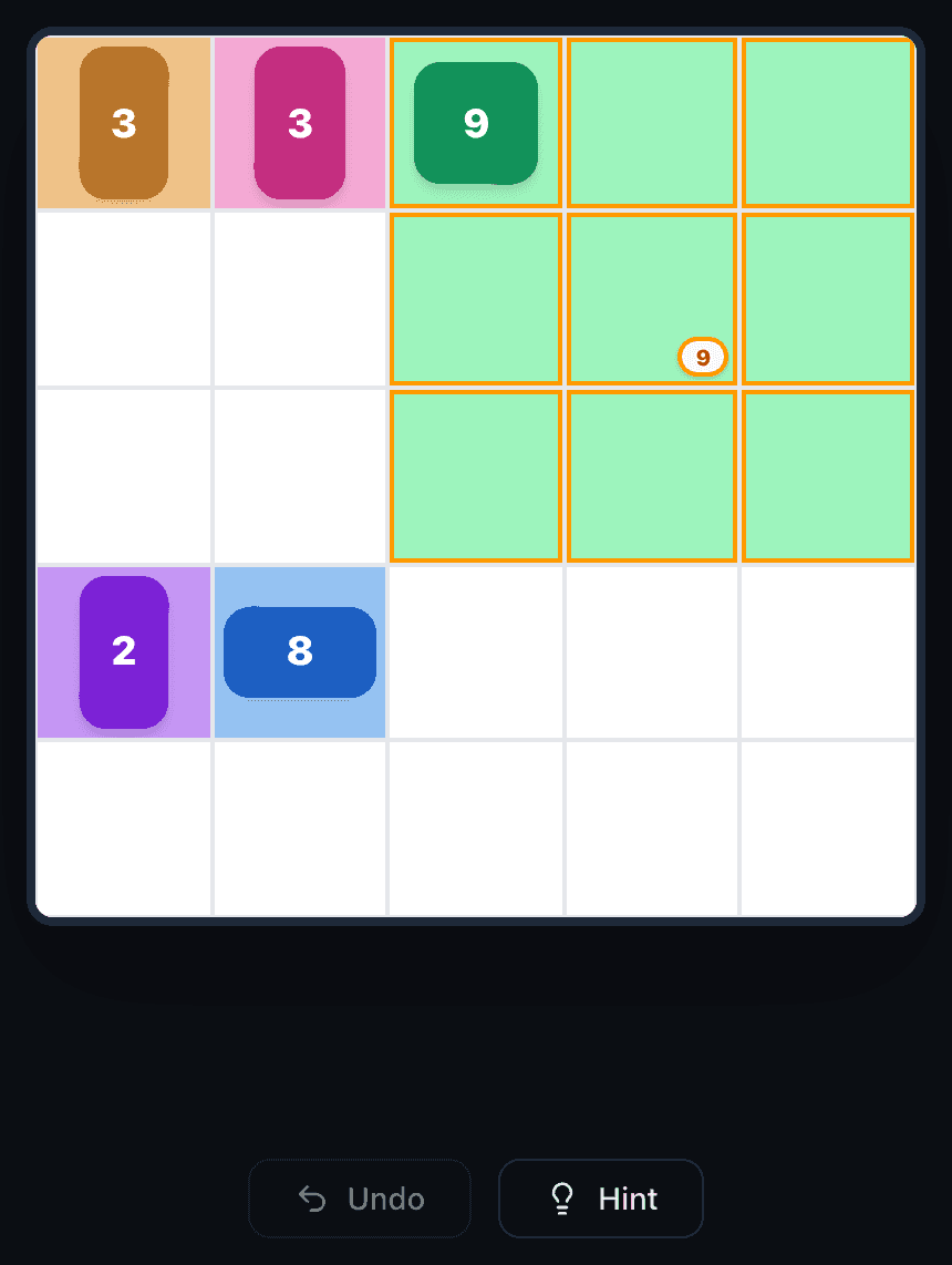 Drawing a patch in Patches: a 3×3 block around the 9 is outlined in amber and a small counter in the middle shows 9.