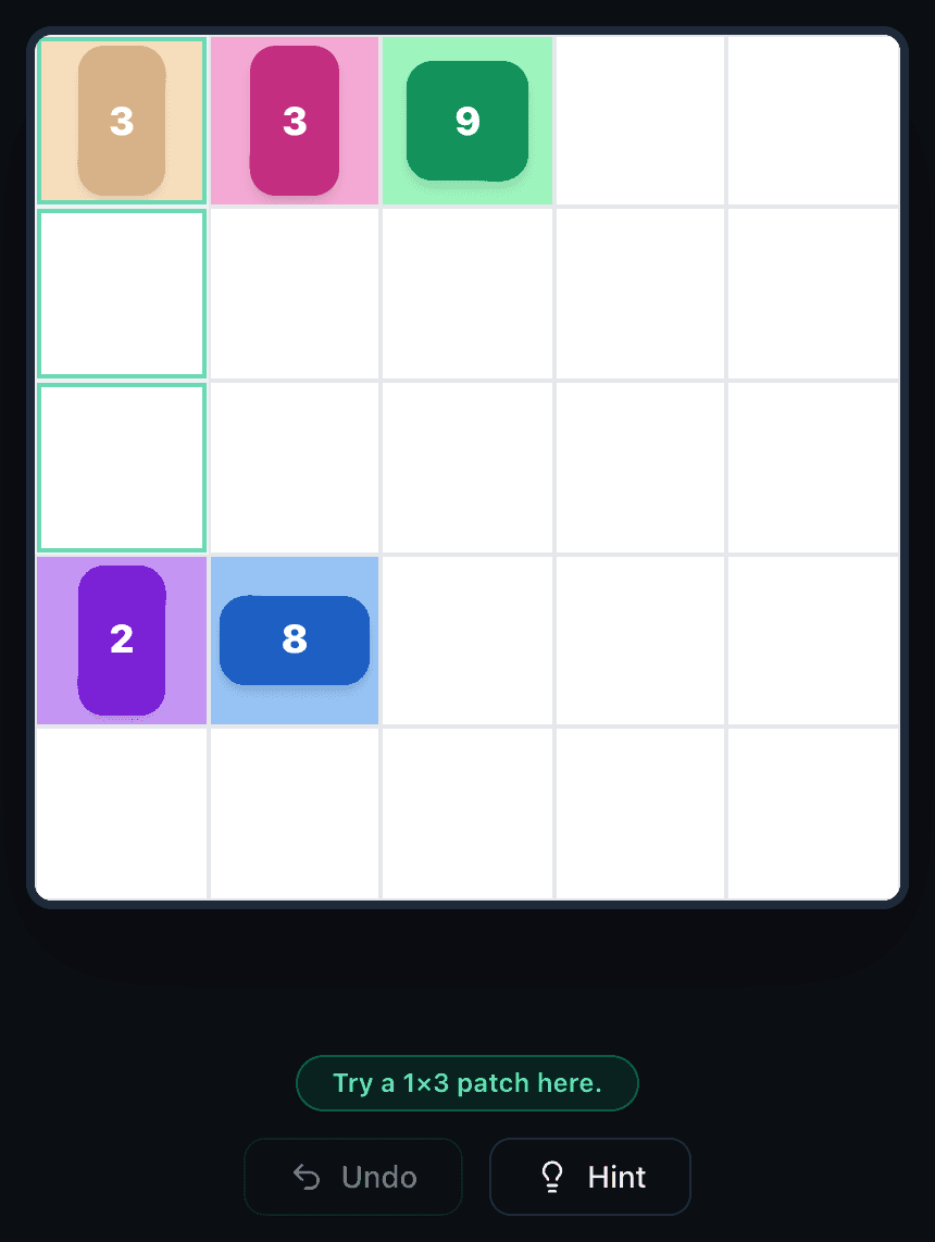 The Patches hint: three cells under the first 3 clue are outlined in green and the message reads 'Try a 1×3 patch here.'
