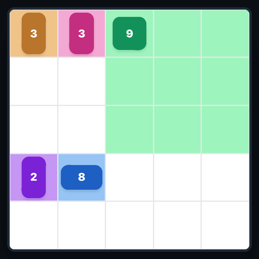 The Patches board with the 9 placed as a green 3×3 square in the top-right corner.