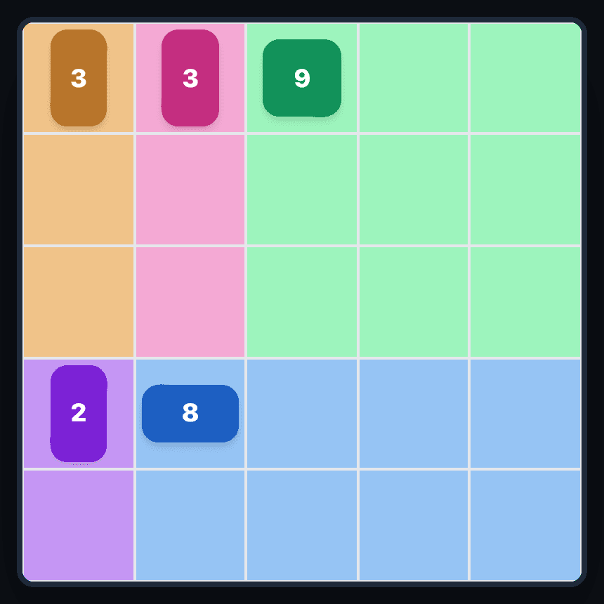 The same Patches board solved: a 3×3 square, two tall strips of three, a tall strip of two and a 4×2 rectangle cover every cell.