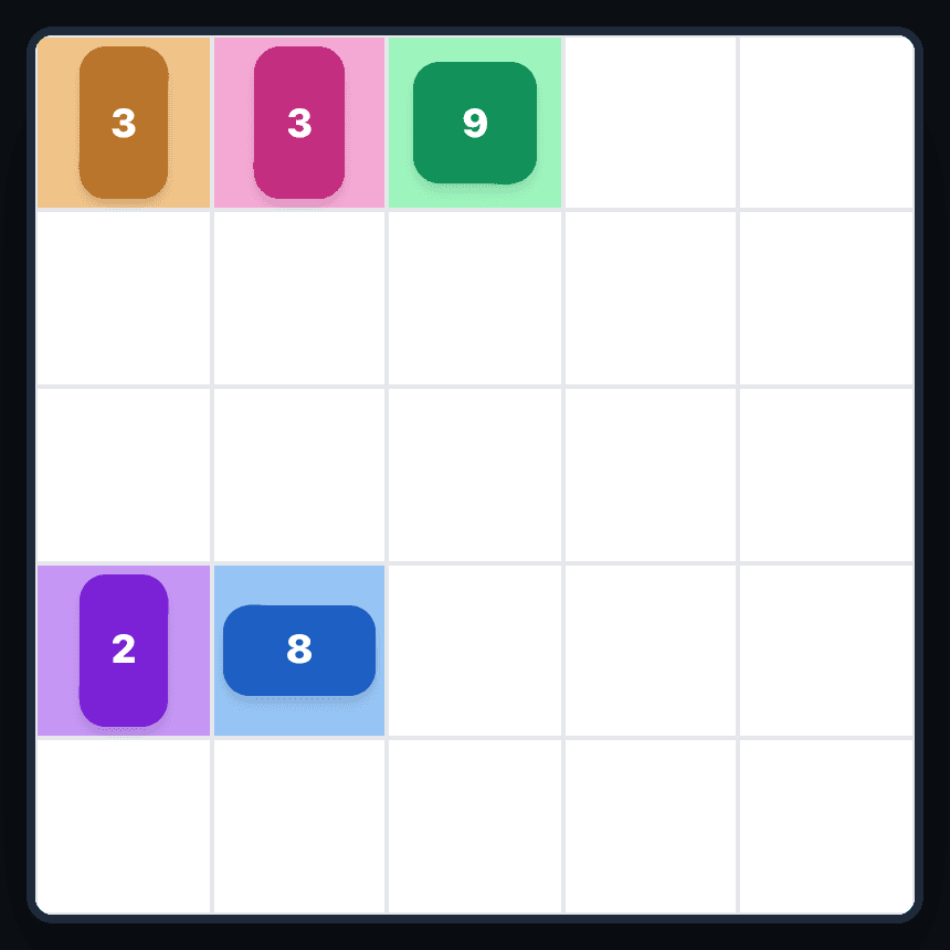 A 5×5 Patches board before the first move, with five numbered clues: 3, 3 and 9 along the top row, and 2 and 8 in the fourth row.