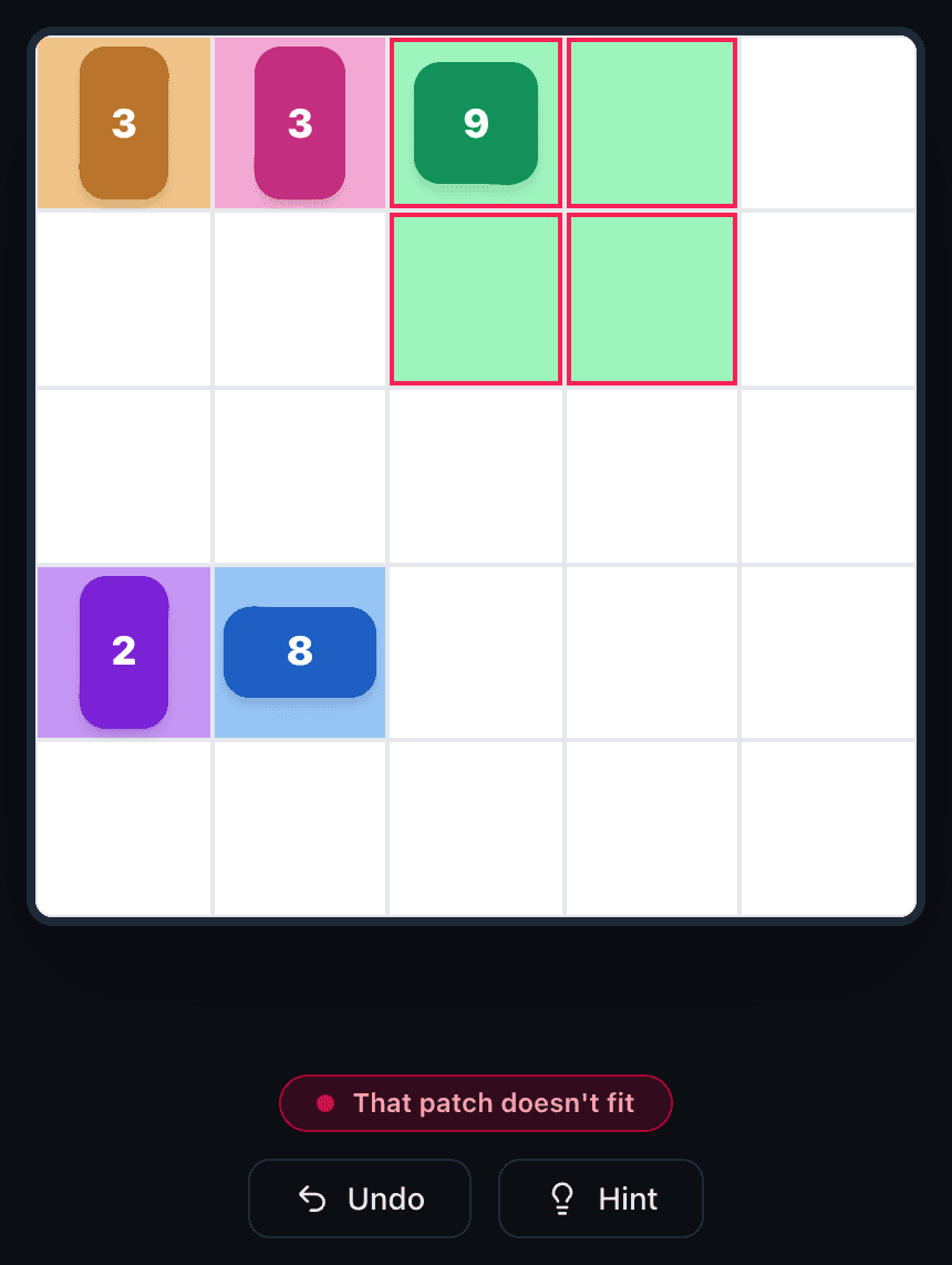 A 2×2 patch drawn on the 9 clue in Patches: its cells are outlined in red and the message 'That patch doesn't fit' appears under the board.