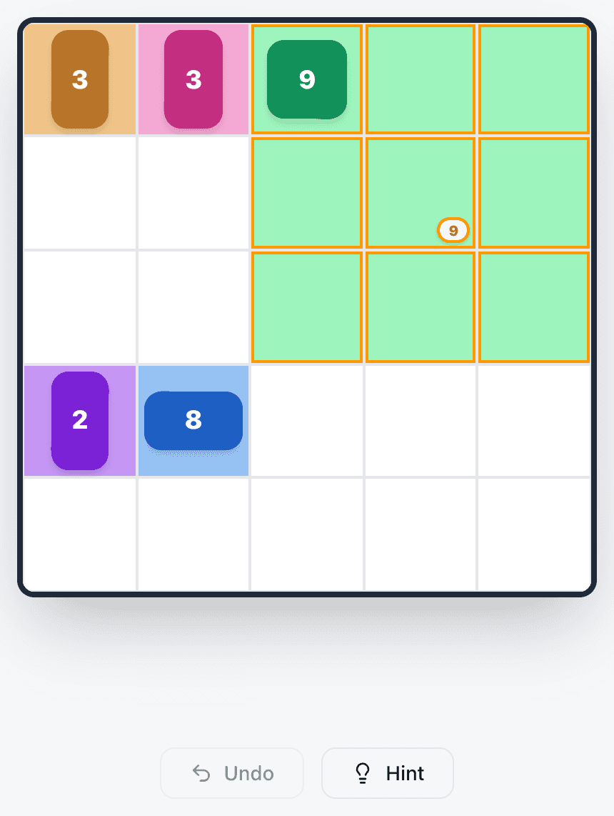 Drawing a patch in Patches: a 3×3 block around the 9 is outlined in amber and a small counter in the middle shows 9.