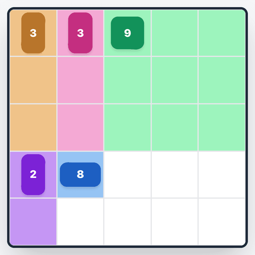 The Patches board with four patches placed and a white block, four cells wide and two high, left around the 8 clue.