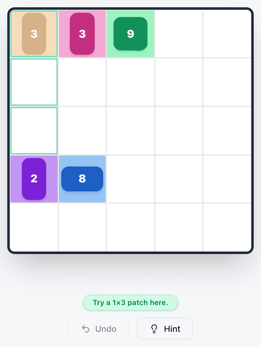The Patches hint: three cells under the first 3 clue are outlined in green and the message reads 'Try a 1×3 patch here.'