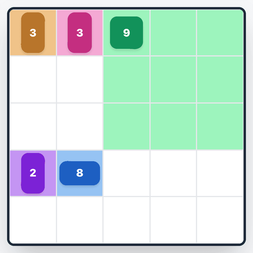 The Patches board with the 9 placed as a green 3×3 square in the top-right corner.