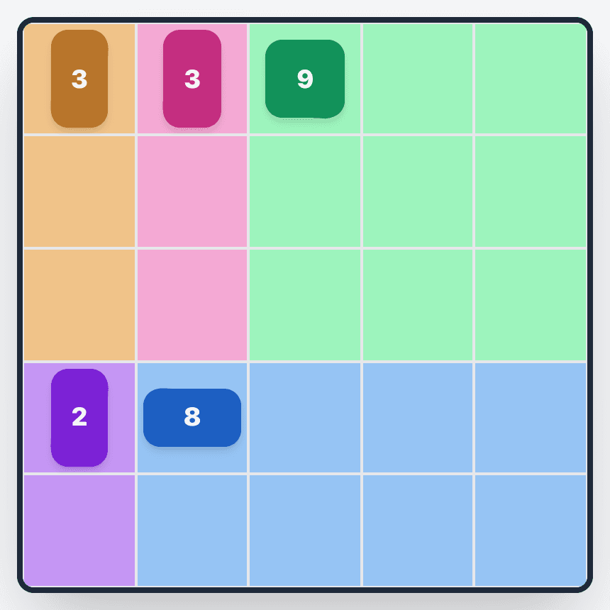 The same Patches board solved: a 3×3 square, two tall strips of three, a tall strip of two and a 4×2 rectangle cover every cell.