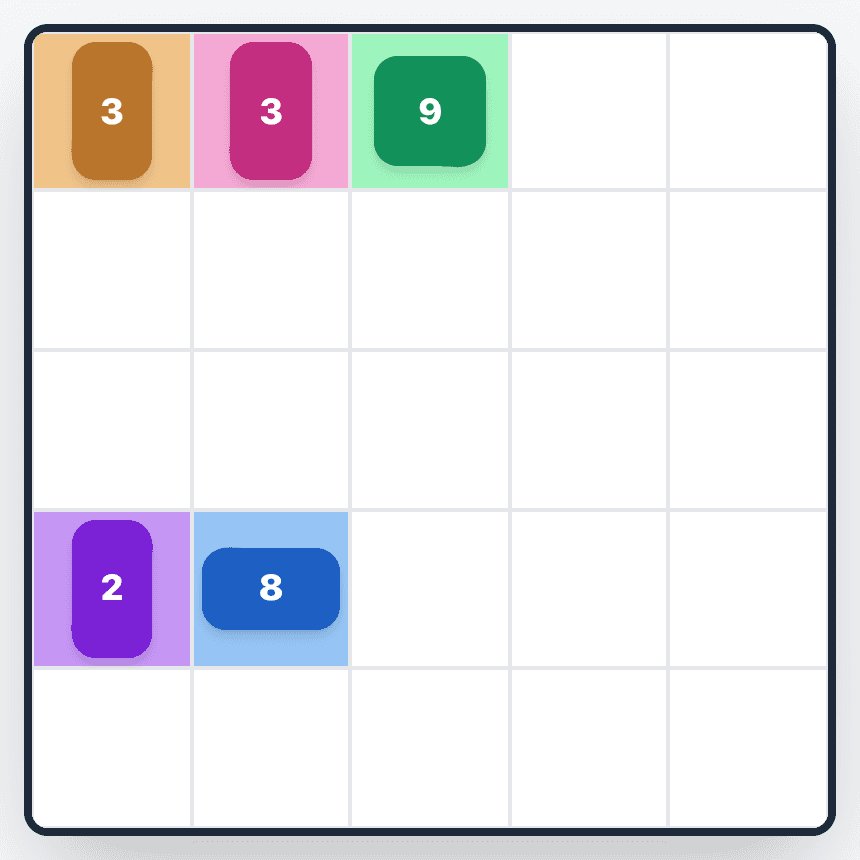 A 5×5 Patches board before the first move, with five numbered clues: 3, 3 and 9 along the top row, and 2 and 8 in the fourth row.