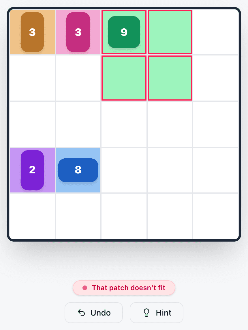 A 2×2 patch drawn on the 9 clue in Patches: its cells are outlined in red and the message 'That patch doesn't fit' appears under the board.