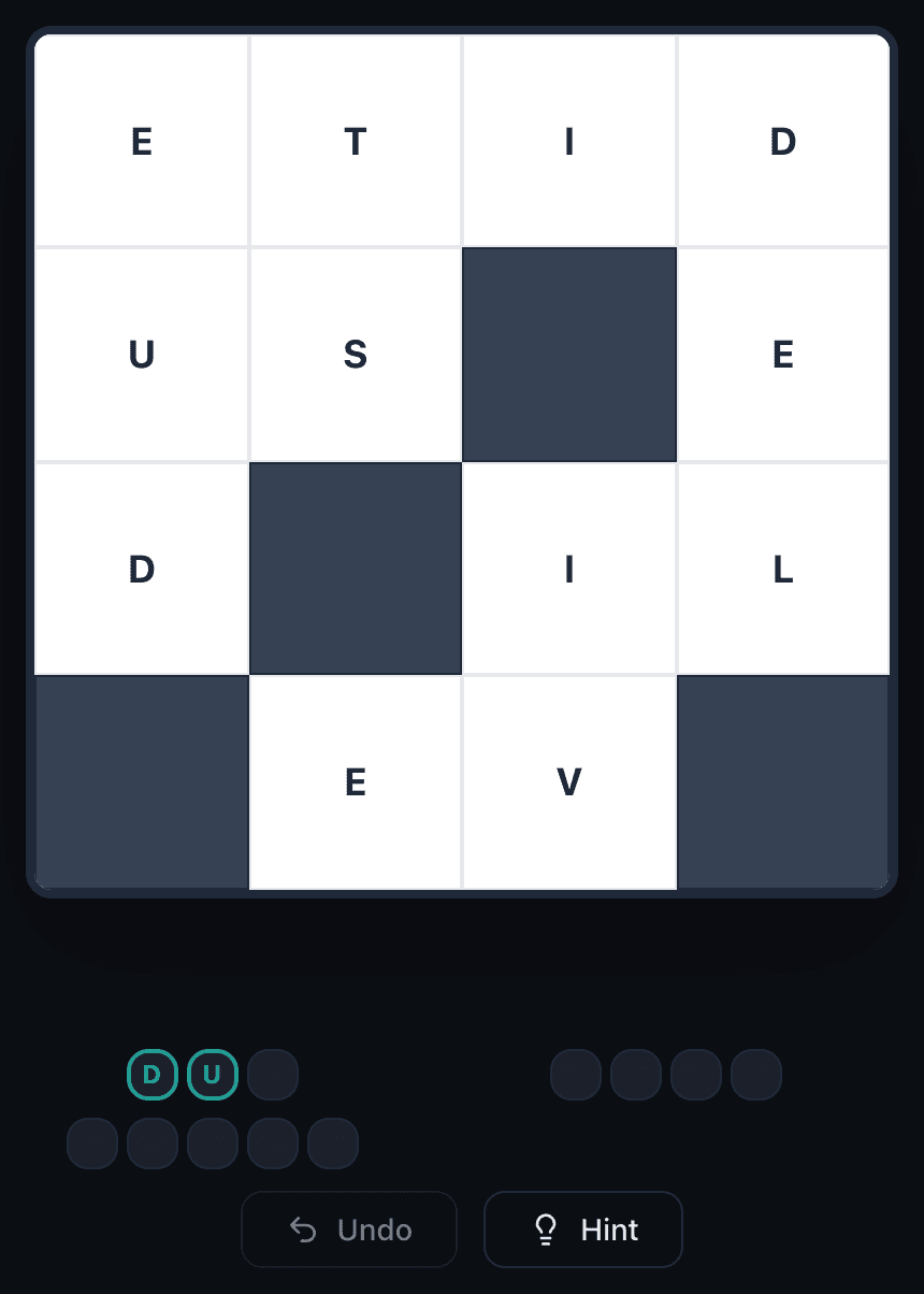 The Wend hint: the first two letters of a hidden word, L and I, revealed in its slot under the board.