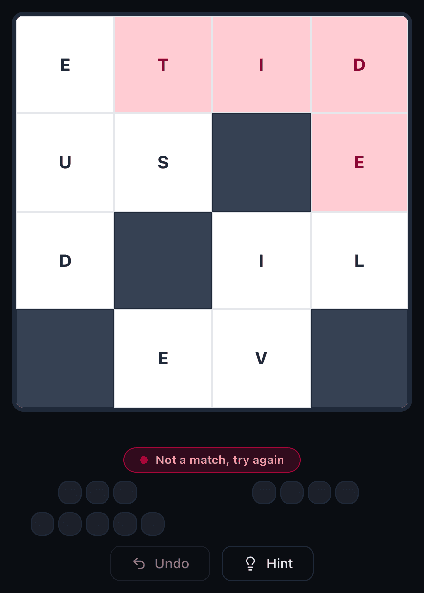 Wend refusing the word TIDE: the traced tiles flash red and a 'Not a match, try again' message appears under the board.