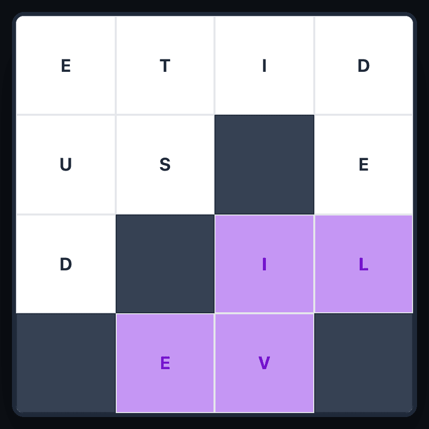 The word LIVE placed on a Wend board in purple, turning a corner around a dark wall tile instead of running in a straight line.