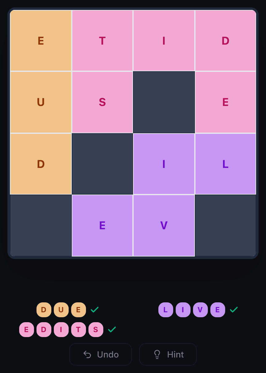 The same Wend board solved: DUE, LIVE and EDITS each in their own colour, every letter tile used, and all three word slots filled in.