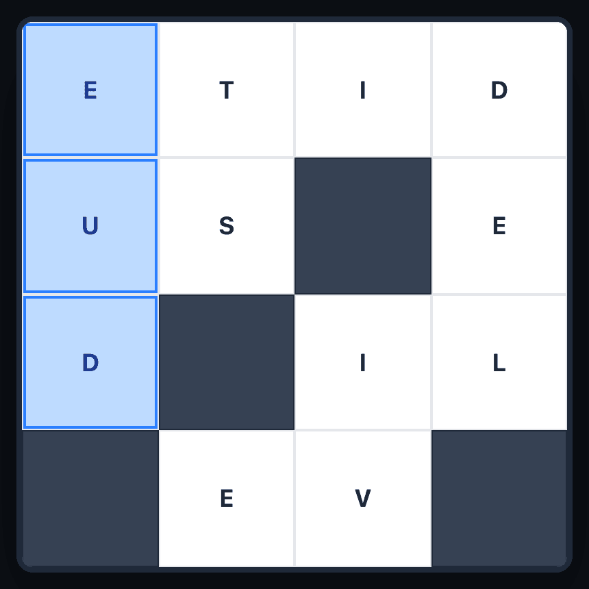 Tracing a word in Wend: the D, U and E tiles down the left edge are highlighted blue while the path is being dragged.