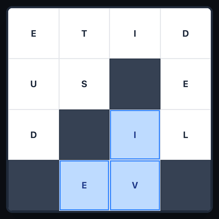 Tracing LIVE backwards in Wend: the E, V and I tiles are highlighted, starting from the last letter of the word.