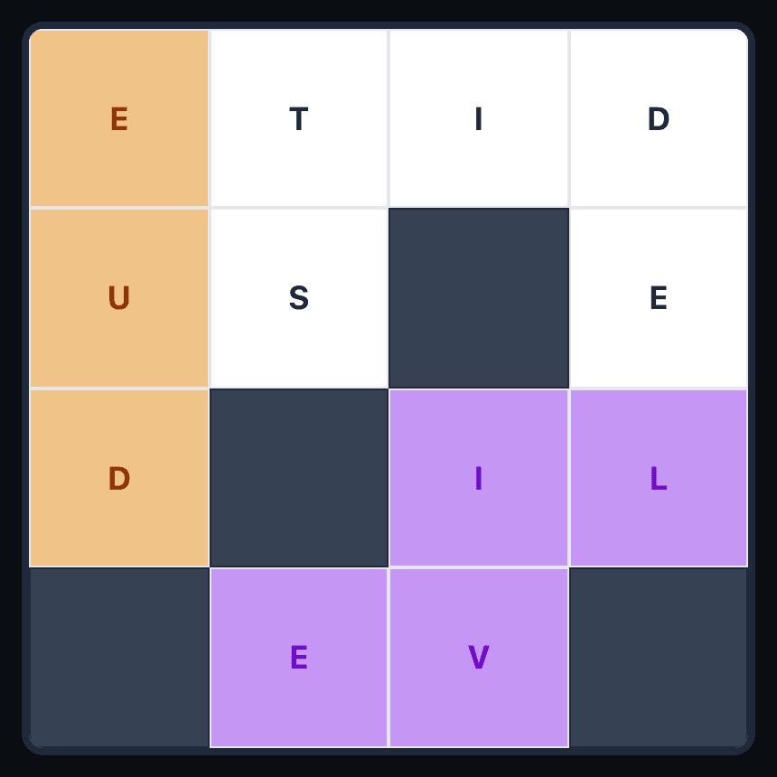 A Wend board with DUE and LIVE placed in colour and five white letter tiles left: T, I, D, S and E.