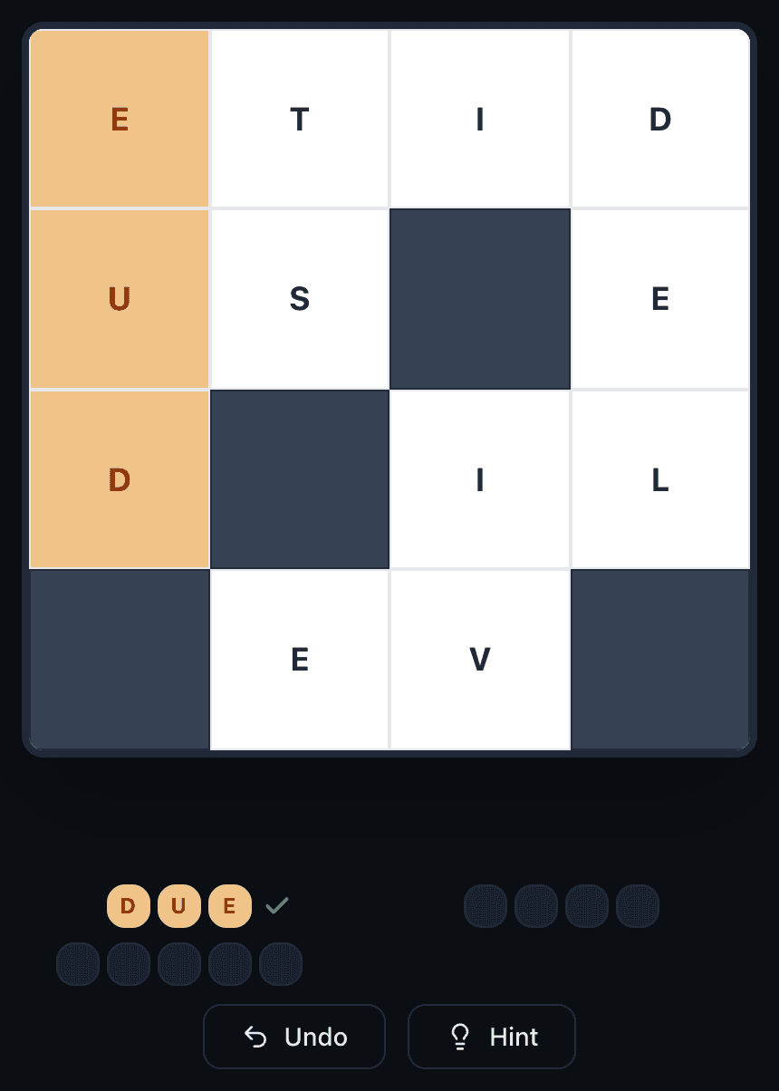 A correct word in Wend: DUE has turned orange on the board and appears in its slot under the grid with a green tick.