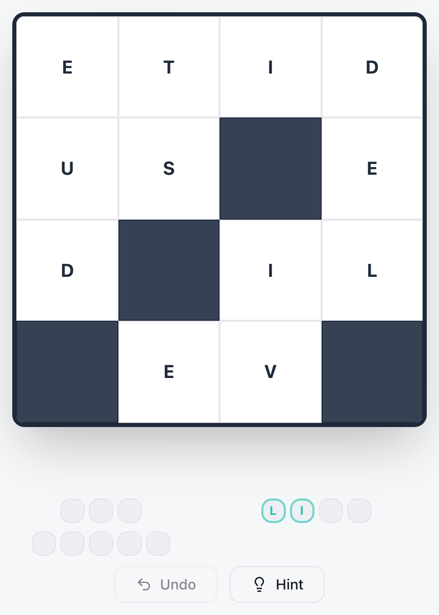 The Wend hint: the first two letters of a hidden word, L and I, revealed in its slot under the board.
