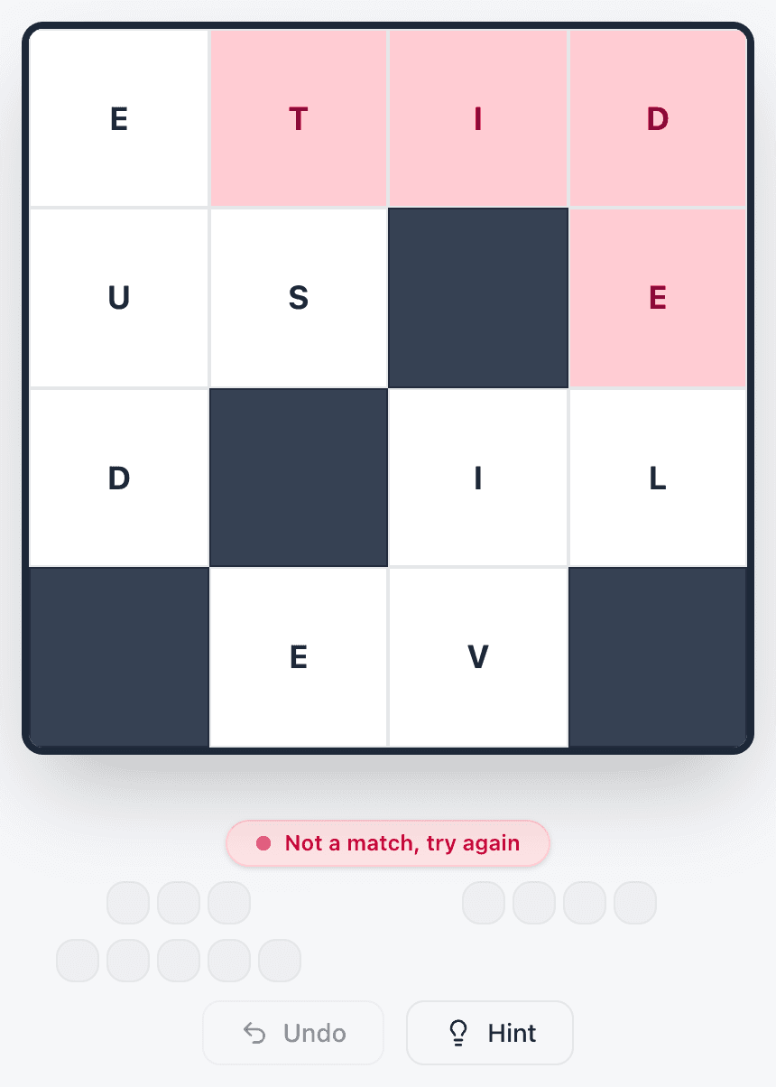 Wend refusing the word TIDE: the traced tiles flash red and a 'Not a match, try again' message appears under the board.