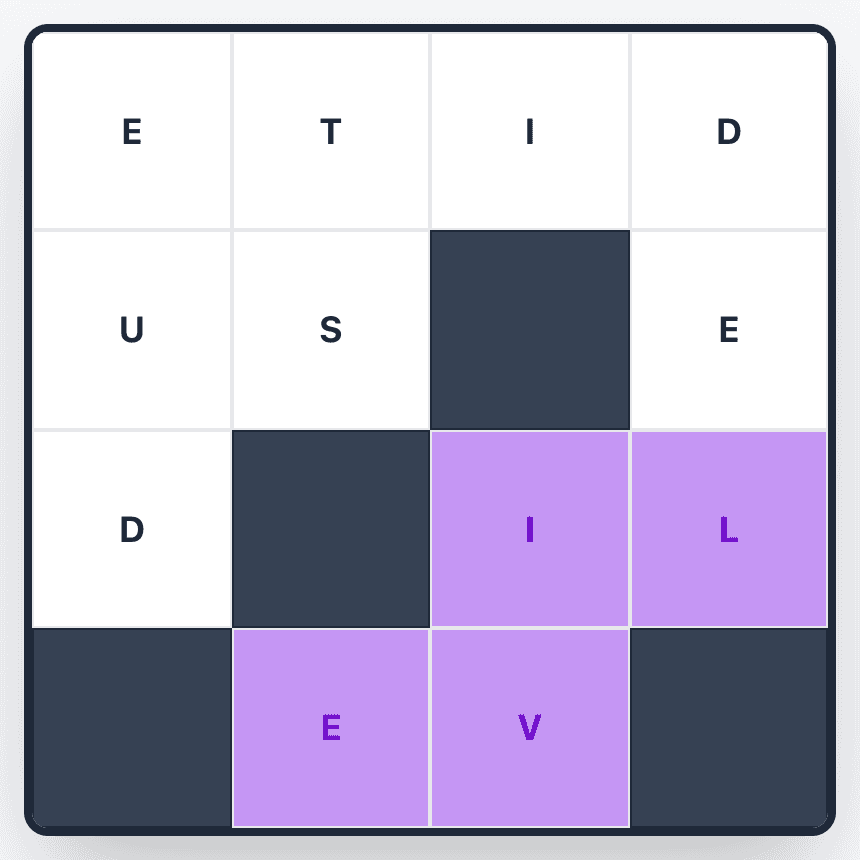 The word LIVE placed on a Wend board in purple, turning a corner around a dark wall tile instead of running in a straight line.