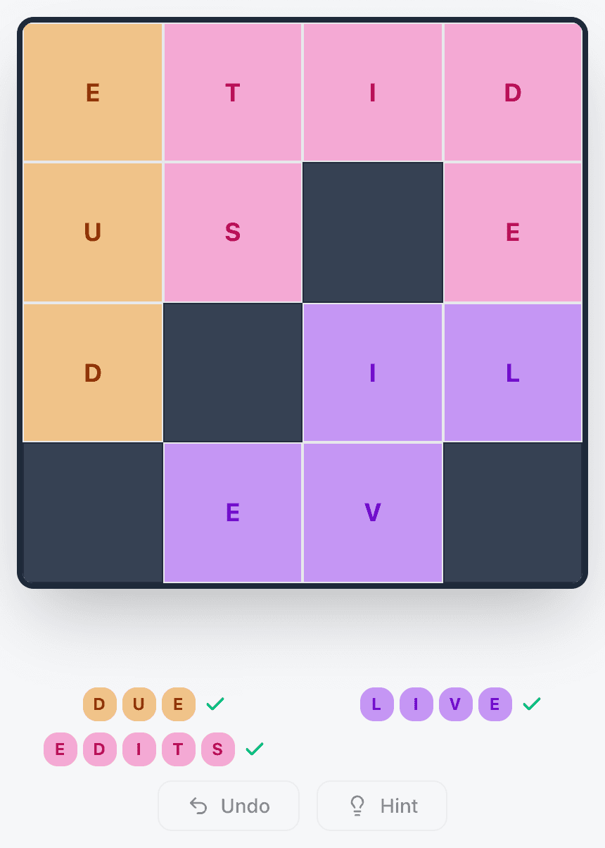 The same Wend board solved: DUE, LIVE and EDITS each in their own colour, every letter tile used, and all three word slots filled in.