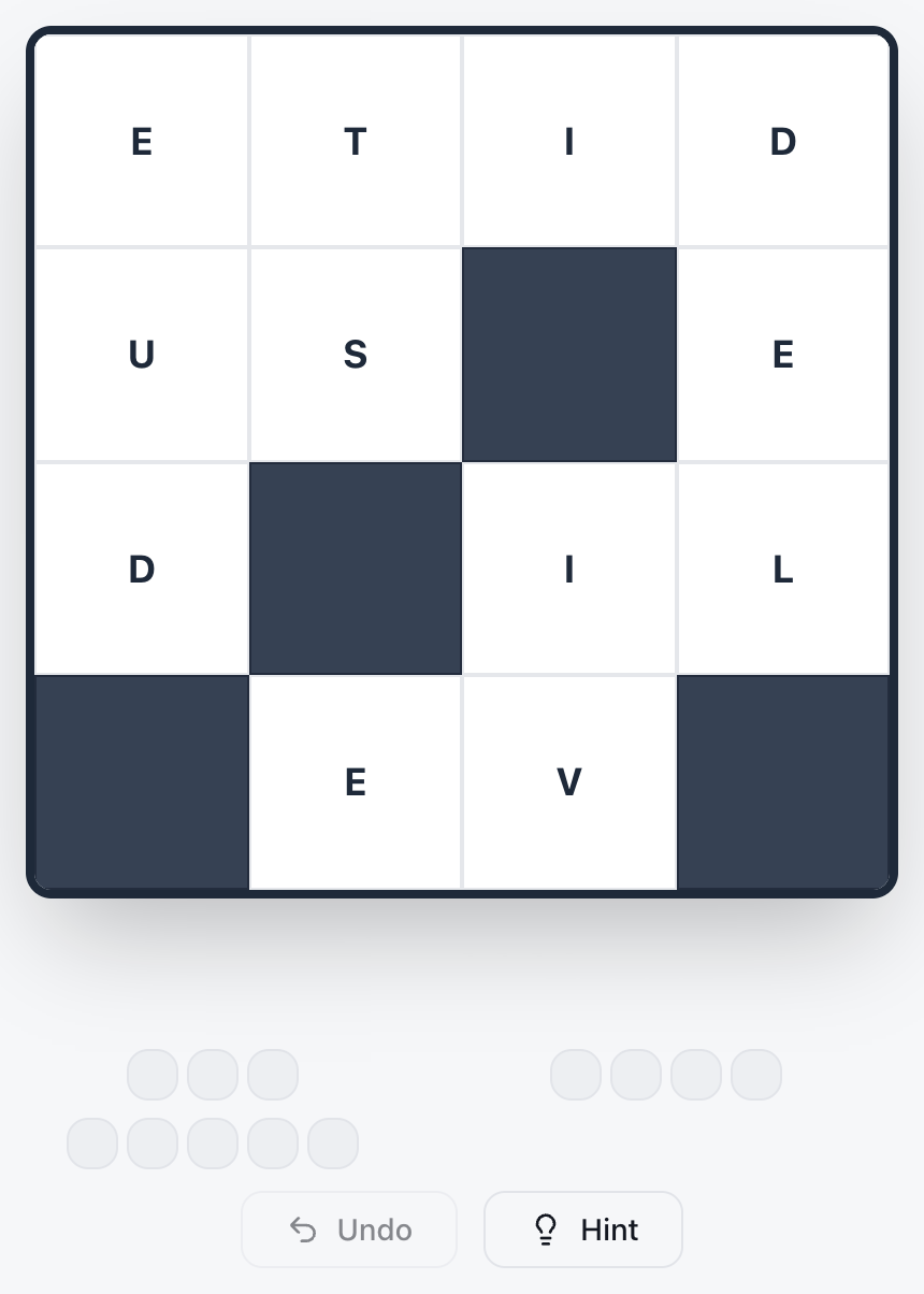 A 4×4 Wend board before the first move: twelve letter tiles, four dark wall tiles, and three rows of empty word slots under the grid.