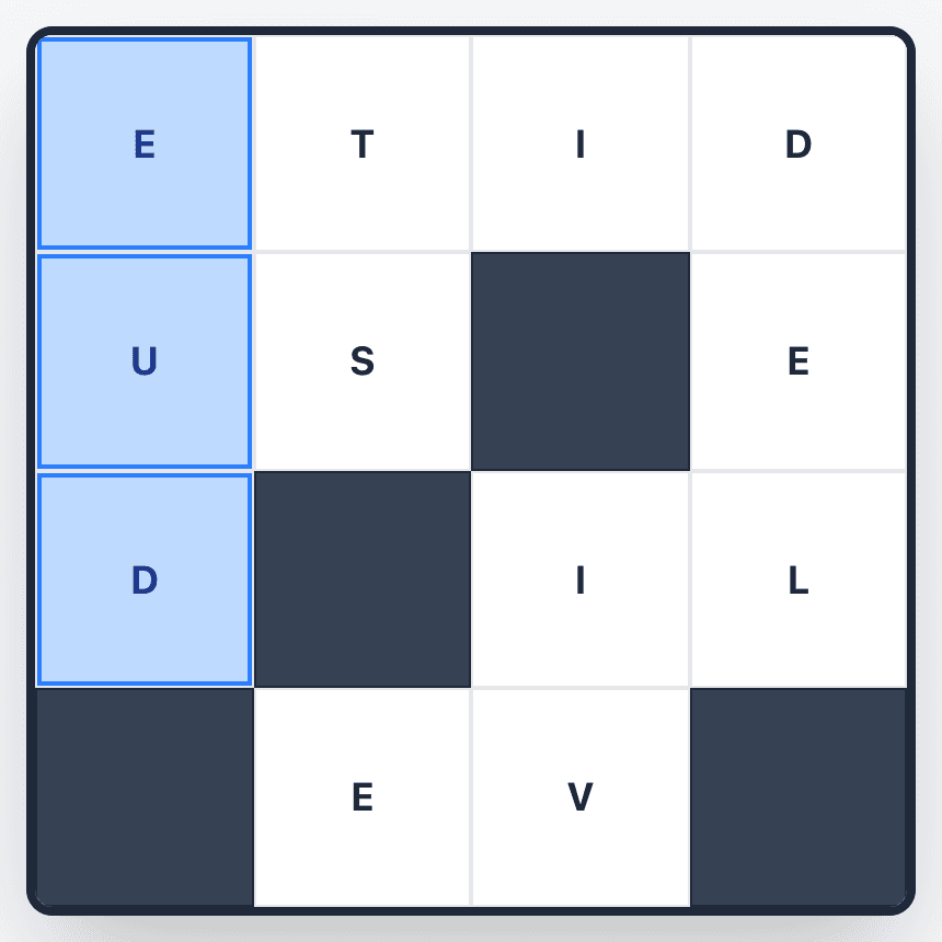 Tracing a word in Wend: the D, U and E tiles down the left edge are highlighted blue while the path is being dragged.
