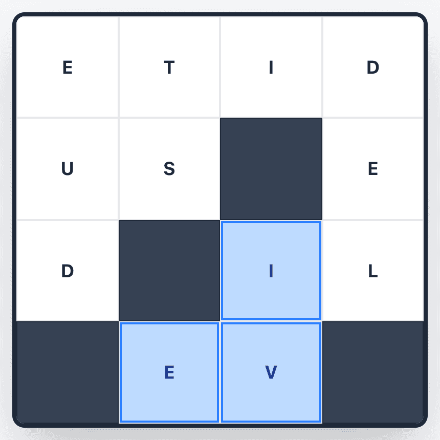 Tracing LIVE backwards in Wend: the E, V and I tiles are highlighted, starting from the last letter of the word.