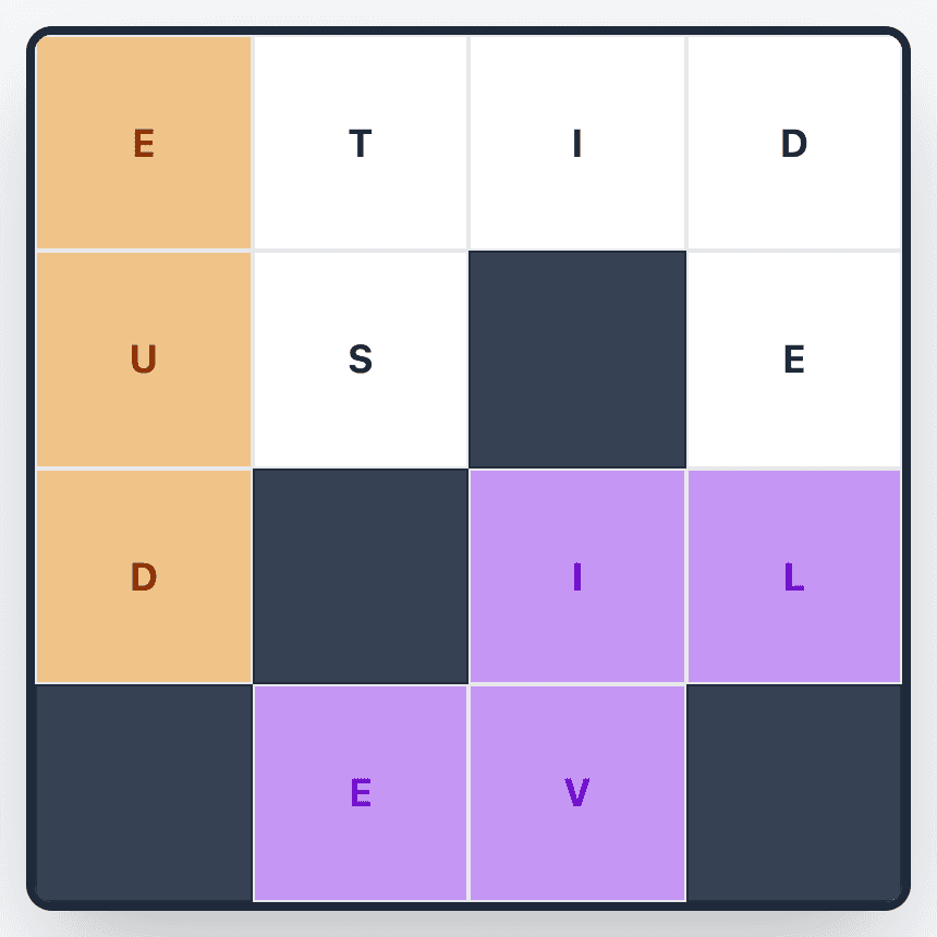 A Wend board with DUE and LIVE placed in colour and five white letter tiles left: T, I, D, S and E.
