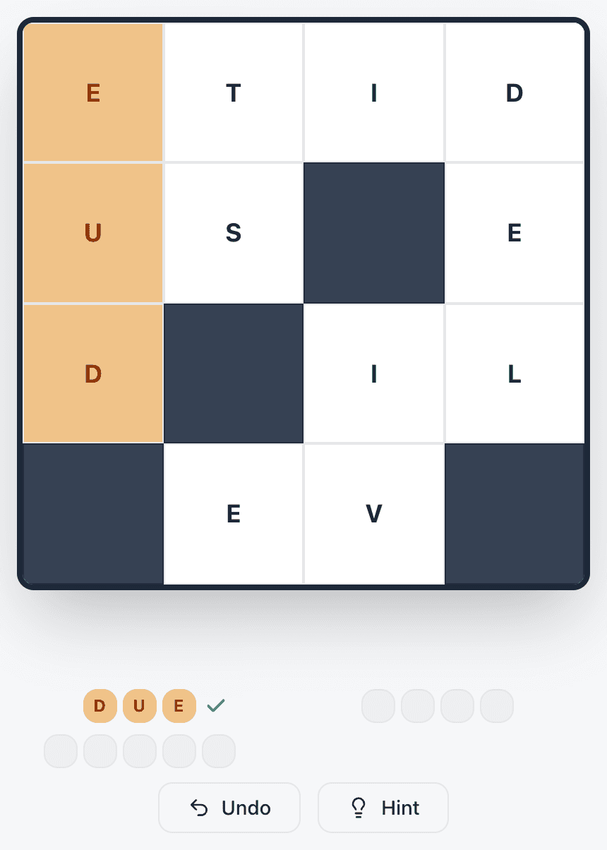 A correct word in Wend: DUE has turned orange on the board and appears in its slot under the grid with a green tick.